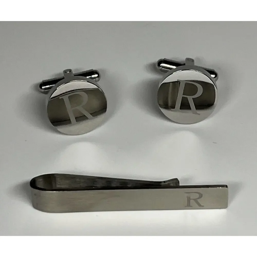 Silver Tone Round Cufflinks R Monogram & Tie Bar Slide Set Minimalist Modern